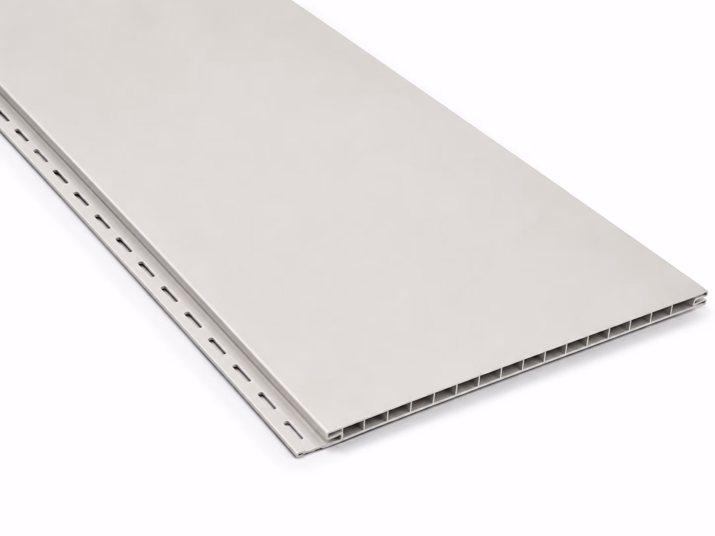 Close-up of a beige plastic panel with hollow rectangular sections and a slotted edge for installation.